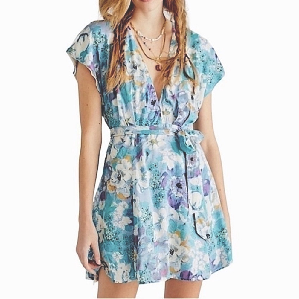 NWT Free People Blue Freddy Tie Floral Mini Dress in Night Combo Medium